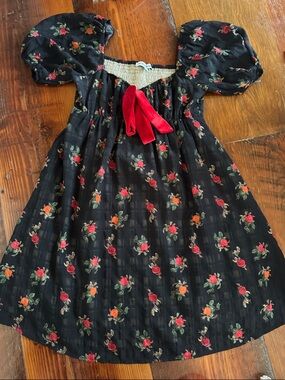 Black Floral Mini Dress with Red Bow Accent
